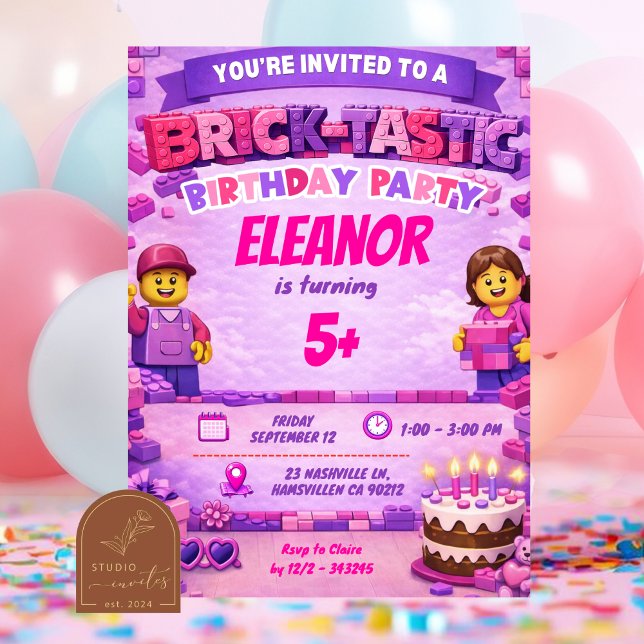 Convite Pink Purple Bricks Colorful Girl Birthday Party In (Criador carregado)