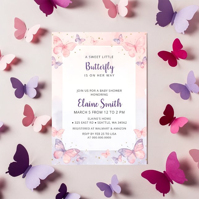 Convite Pink Purple Butterfly Baby Shower  (Pink Purple Butterfly Baby Shower Invitation)