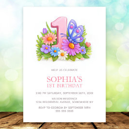 Convite Pink Purple Butterfly Floral 1st Birthday Party
