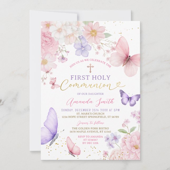 Convite Pink Purple Butterfly Girl First Holy Communion (Frente)