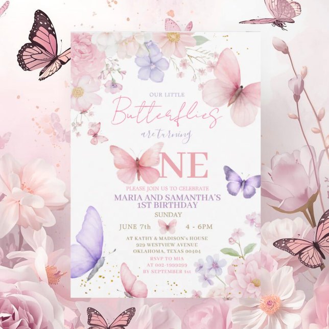 Convite Pink Purple Cute Butterfly Twin Girl 1st Birthday (Criador carregado)
