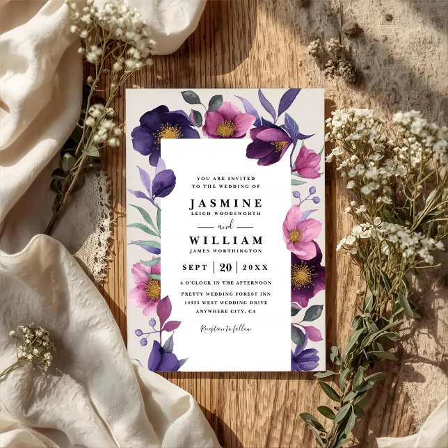 Convite Pink Purple Flowers Elegant Modern QR Code Wedding (Criador carregado)