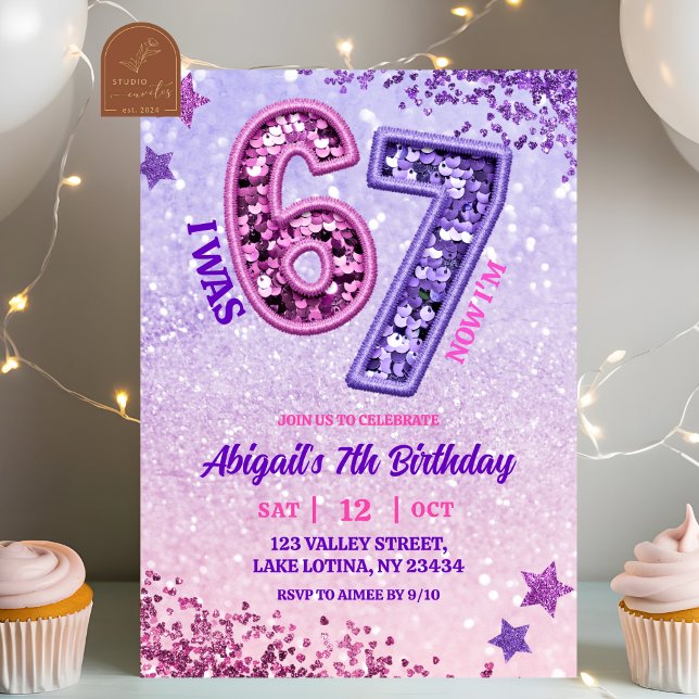 Convite Pink Purple Glitter 67 Birthday Party (Criador carregado)