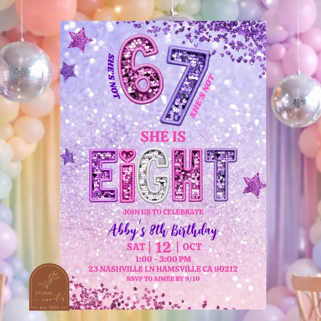 Convite Pink Purple Glitter 67 Girl 8th Birthday PartY (Criador carregado)