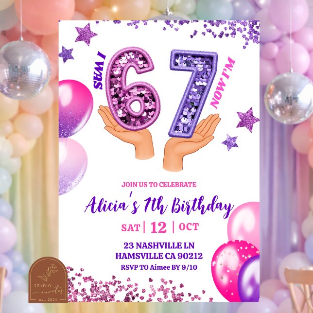 Convite Pink Purple Glitter hand 67 Birthday Party (Criador carregado)