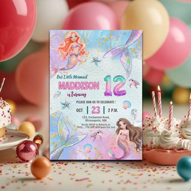 Convite Pink Purple Glitter Mermaids 12th Birthday Party (Criador carregado)