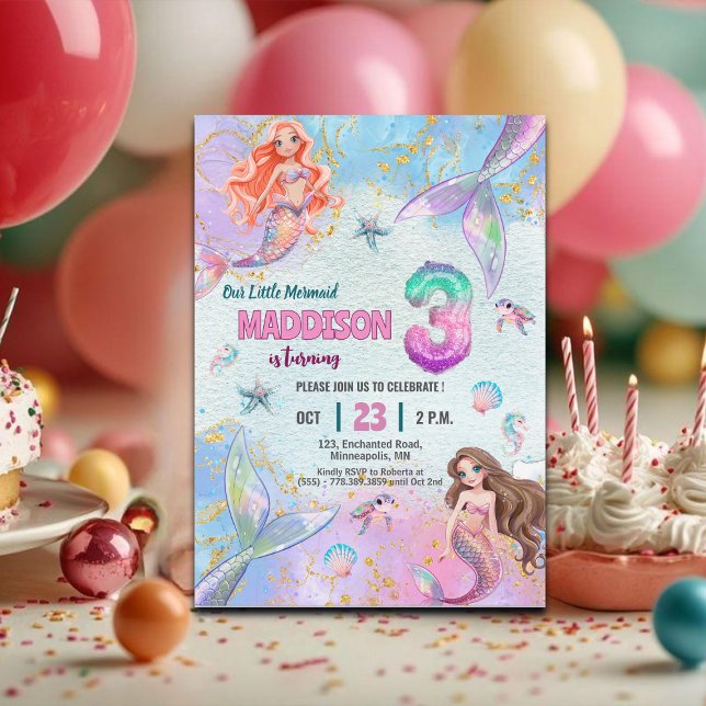 Convite Pink Purple Glitter Mermaids 3rd Birthday Party (Criador carregado)