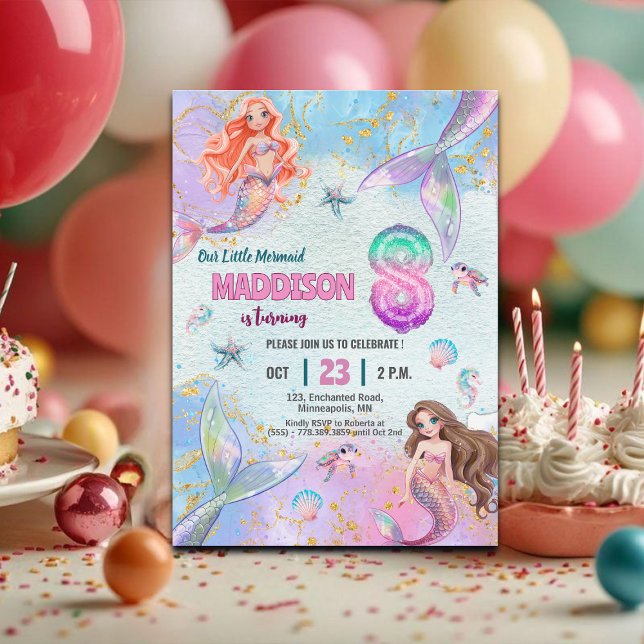 Convite Pink Purple Glitter Mermaids 8th Birthday Party (Criador carregado)