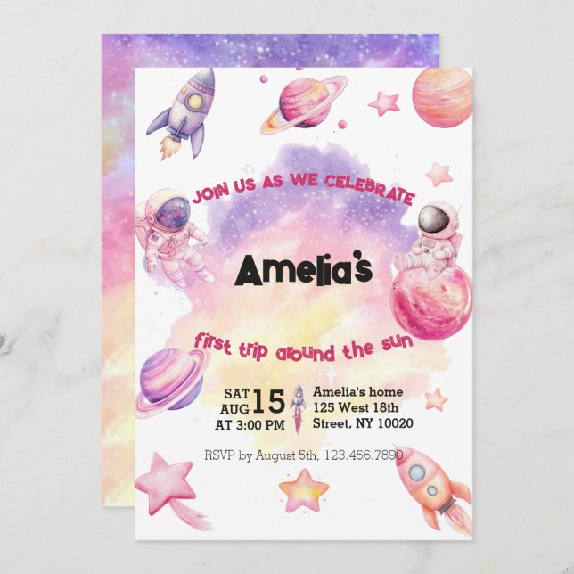 Convite Pink Purple Planet Space First Trip Around the Sun (Frente/Verso)