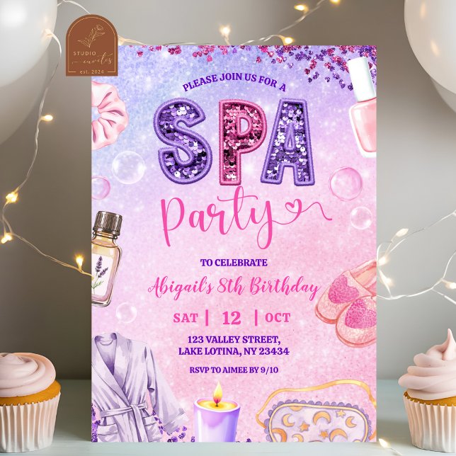 Convite Pink Purple sequin SPA Party Birthday (Criador carregado)
