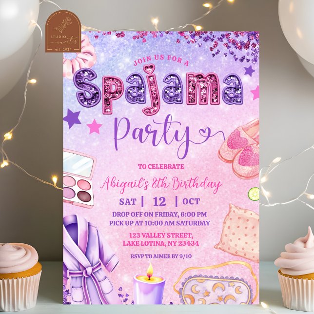 Convite Pink Purple sequin Spajama Party Birthday (Criador carregado)