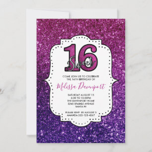Convite Pink & Purple Sweet 16 Brilho Glitter Gemstones