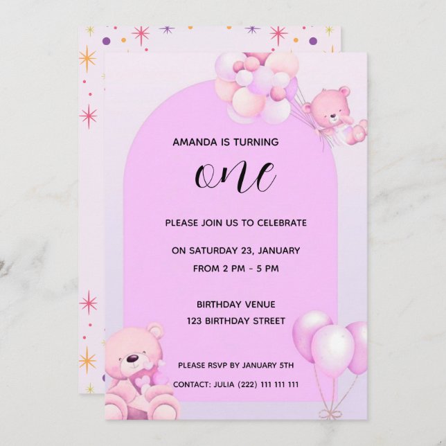 Convite Pink Purple Teddy Bear 1st Birthday Invitation (Frente/Verso)