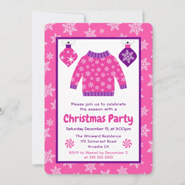 Convite Pink & Purple Ugly Sweater Christmas Party (Frente)