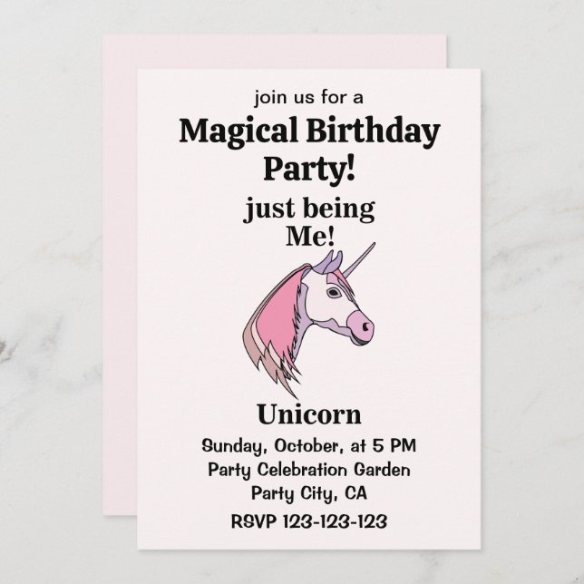 Convite Pink Purple Unicorn Head Magical Birthday Party (Frente/Verso)