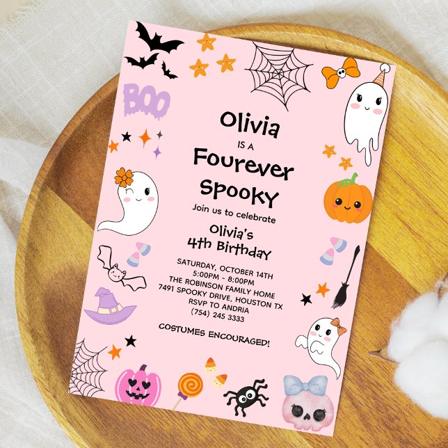 Convite Pink Quatro Nunca Spooky Ghost Halloween 4º Aniver (Pink Four Ever Spooky Cute Ghost Girl Halloween 4th Birthday Invitation )