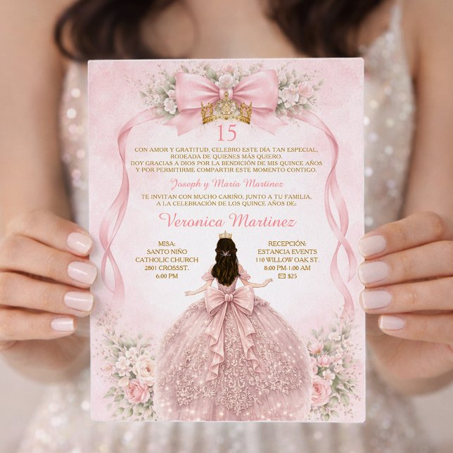 Convite Pink Quinceañera Blush Bow Floral Sweet (Criador carregado)