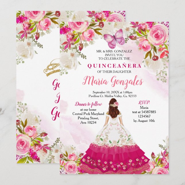 Convite Pink Quinceanera Butterfly México Aniversário Mexi (Frente/Verso)