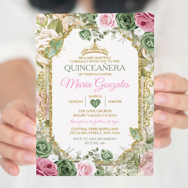 Convite Pink Quinceañera Sage Borboleta Dourada Verde (Criador carregado)