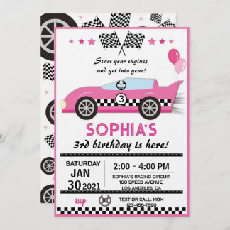 Convite Pink Race Car Birthday Party