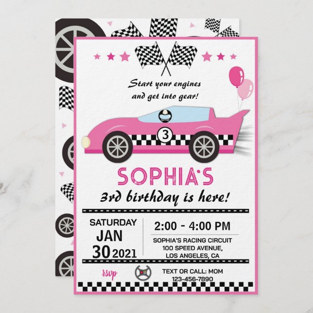 Convite Pink Race Car Birthday Party (Frente/Verso)