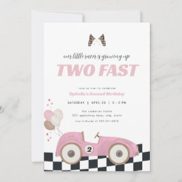 Convite Pink Race Car Girl Two Fast Second Birthday Invite