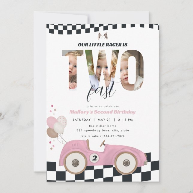 Convite Pink Race Car Two Fast 2nd Birthday Invite Photo (Frente)