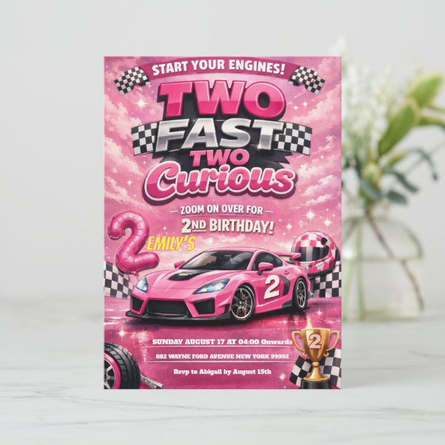 Convite Pink Racing Car Two Fast Two Curious 2nd Birthday  (Em pé/Frente)