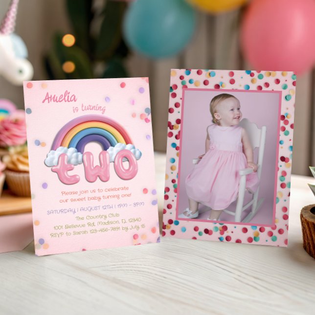 Convite Pink Rainbow 2nd Birthday Invitation with Photo (Criador carregado)