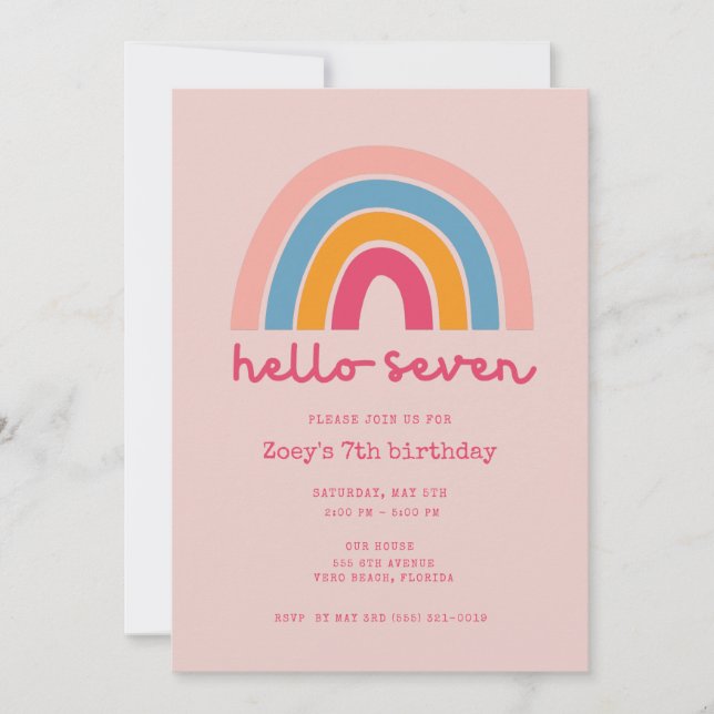 Convite Pink Rainbow Hello Seven Girl 7th Birthday Party (Frente)