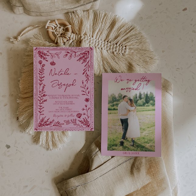 Convite Pink Raspberry Drawn Floral Garden Photo Wedding   (Criador carregado)