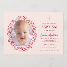 Pink Red Baptism with Girl Photo in Floral Wreath