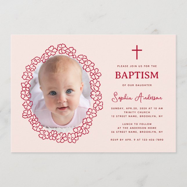 Convite Pink Red Baptism with Girl Photo in Floral Wreath (Frente)