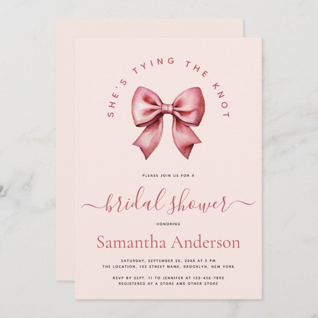 Convite Pink Red Bow Tying the Knot Bridal Shower (Frente/Verso)