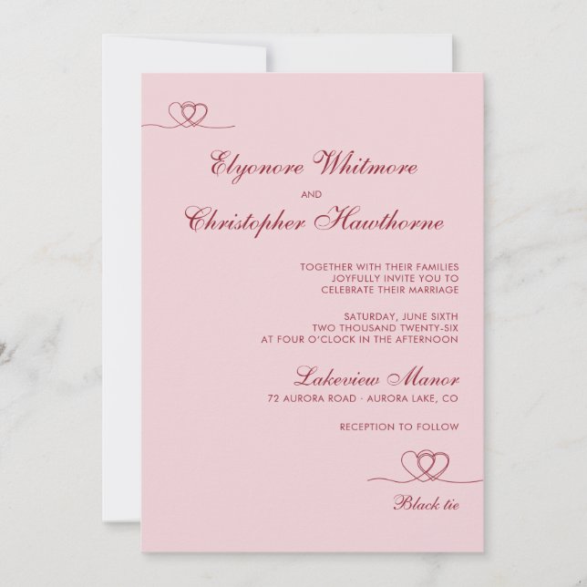 Convite Pink Red Elegant Chic Calligraphy Wedding (Frente)
