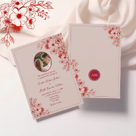 Convite Pink Red Floral Photo Wedding