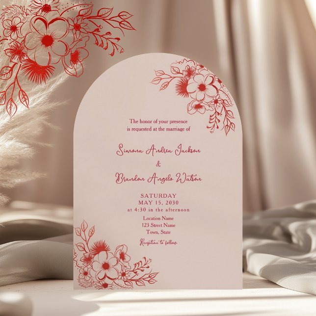 Convite Pink Red Floral QR Code Wedding (Criador carregado)