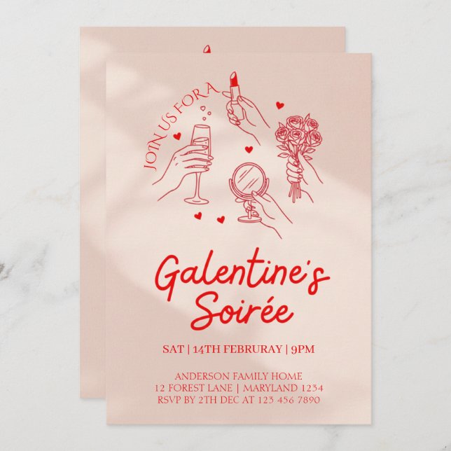 Convite Pink & Red Galentine’s Day Party Invitation Templa (Frente/Verso)