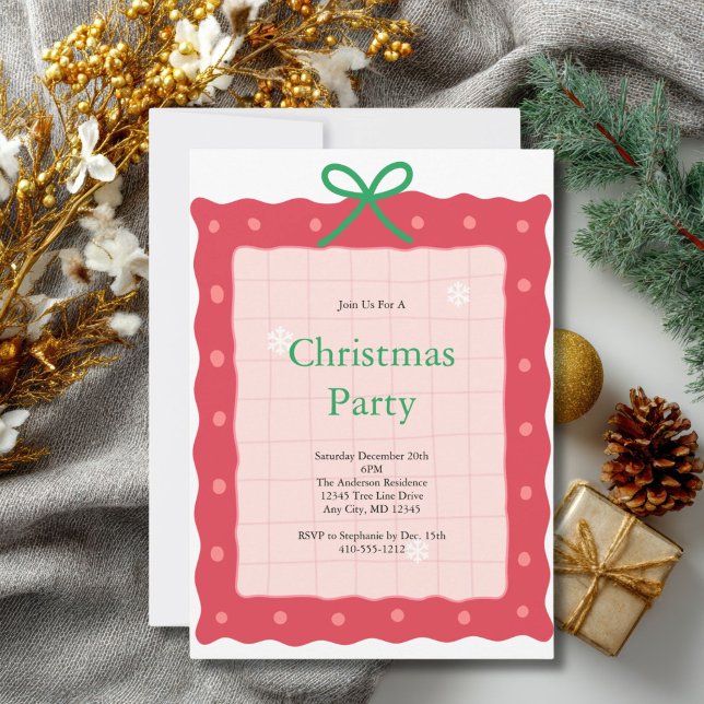 Convite Pink Red Green Coquette Bow Doodle Christmas Party (Pink Red Green Bow Christmas Holiday Party invitation  Printed or Digital Downlaod)