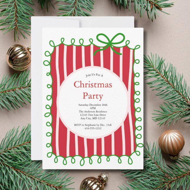 Convite Pink Red Green Coquette Bow Doodle Christmas Party (Pink Red Green Doodle Coquette Bow Christmas Party Invitation  Printed or Digital)