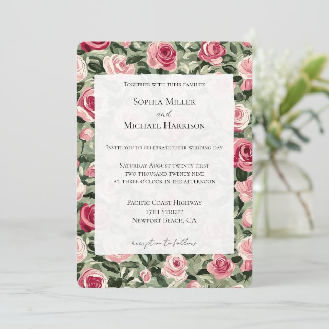 Convite Pink Red Green Roses Floral Wedding (Em pé/Frente)