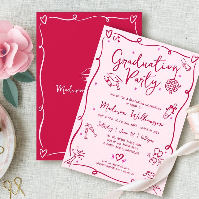 Convite Pink Red Hand Drawn Doodles Graduation Retro Party (Criador carregado)