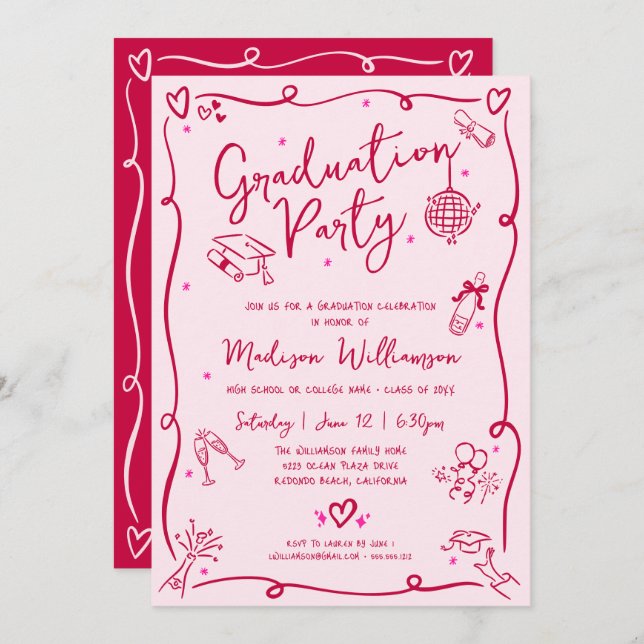 Convite Pink Red Hand Drawn Doodles Graduation Retro Party (Frente/Verso)