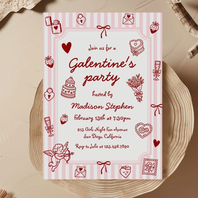 Convite  Pink Red Hand Drawn Galentine's Party (Criador carregado)