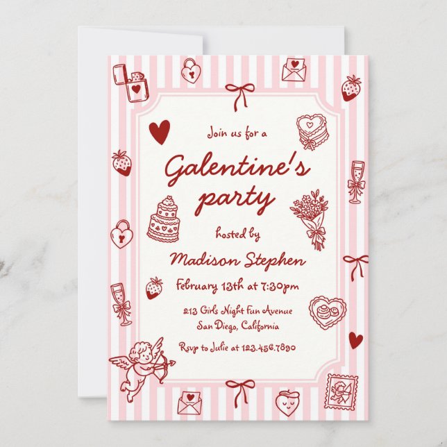 Convite  Pink Red Hand Drawn Galentine's Party (Frente)
