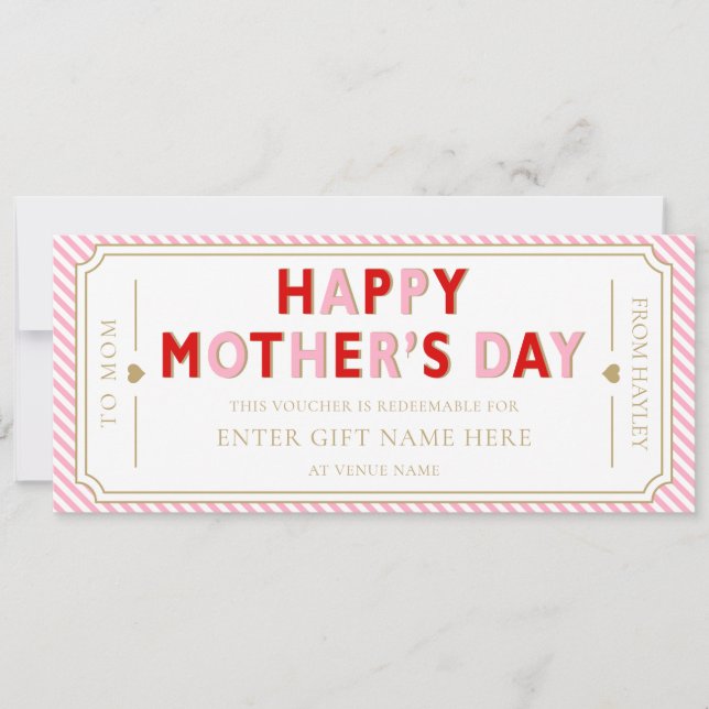 Convite Pink Red Happy Mother's Day Gift Voucher Card (Frente)