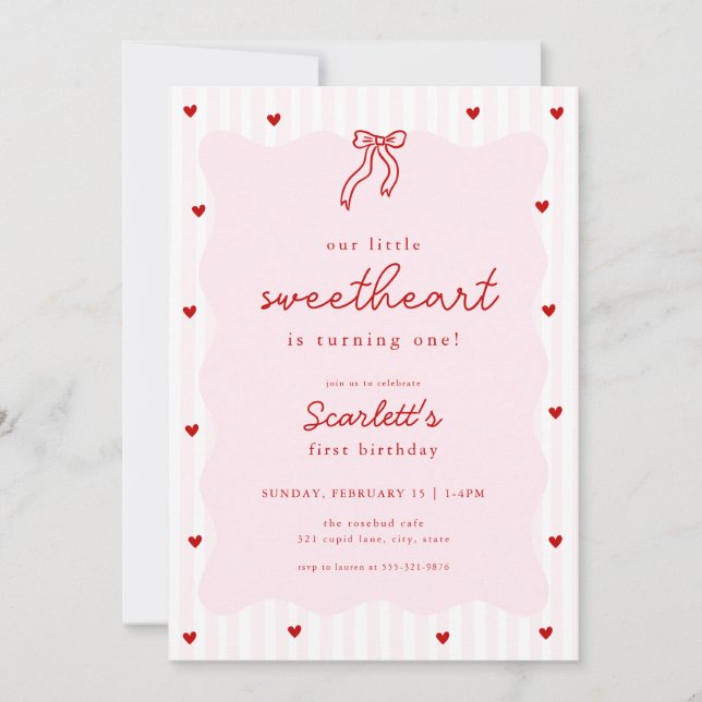 Convite Pink Red Heart Little Sweetheart Birthday Invite (Frente)