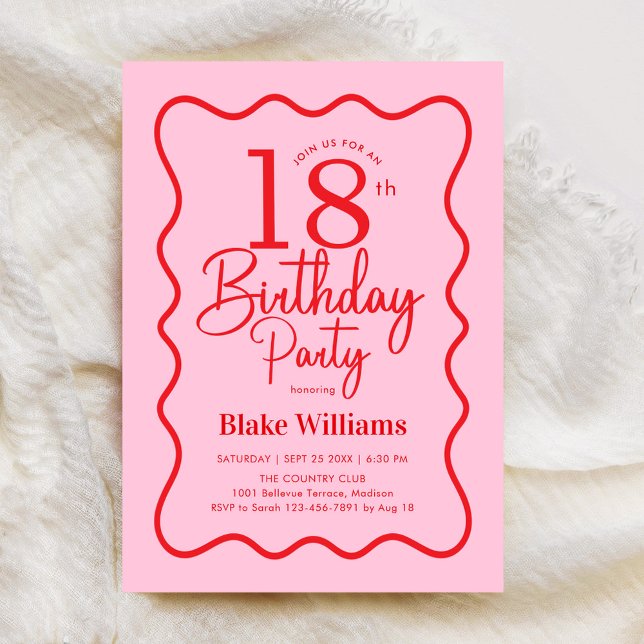 Convite Pink Red Retro 18th Birthday Wavy Border (Criador carregado)