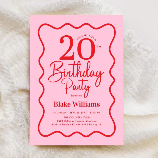 Convite Pink Red Retro 20th Birthday Wavy Border (Criador carregado)