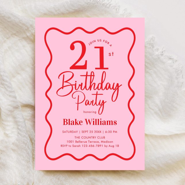 Convite Pink Red Retro 21st Birthday Wavy Border (Criador carregado)